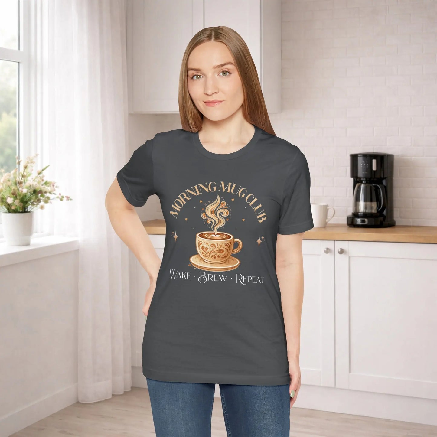 Morning Mug Club Tee — "Wake Brew Repeat" Printify