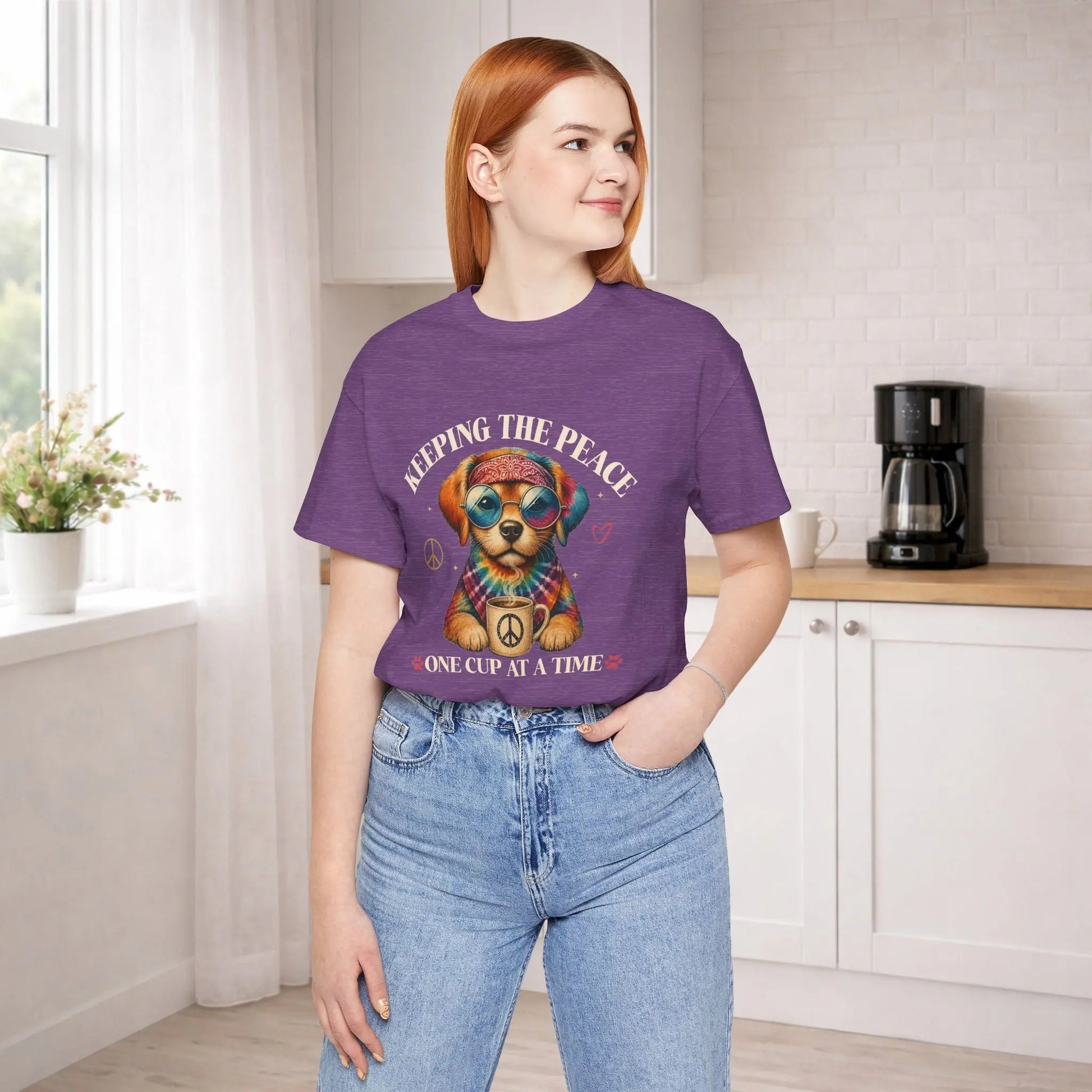 Keeping the Peace Puppy T‑Shirt — "One Cup at a Time" Coffee & Peace Dog Tee Printify