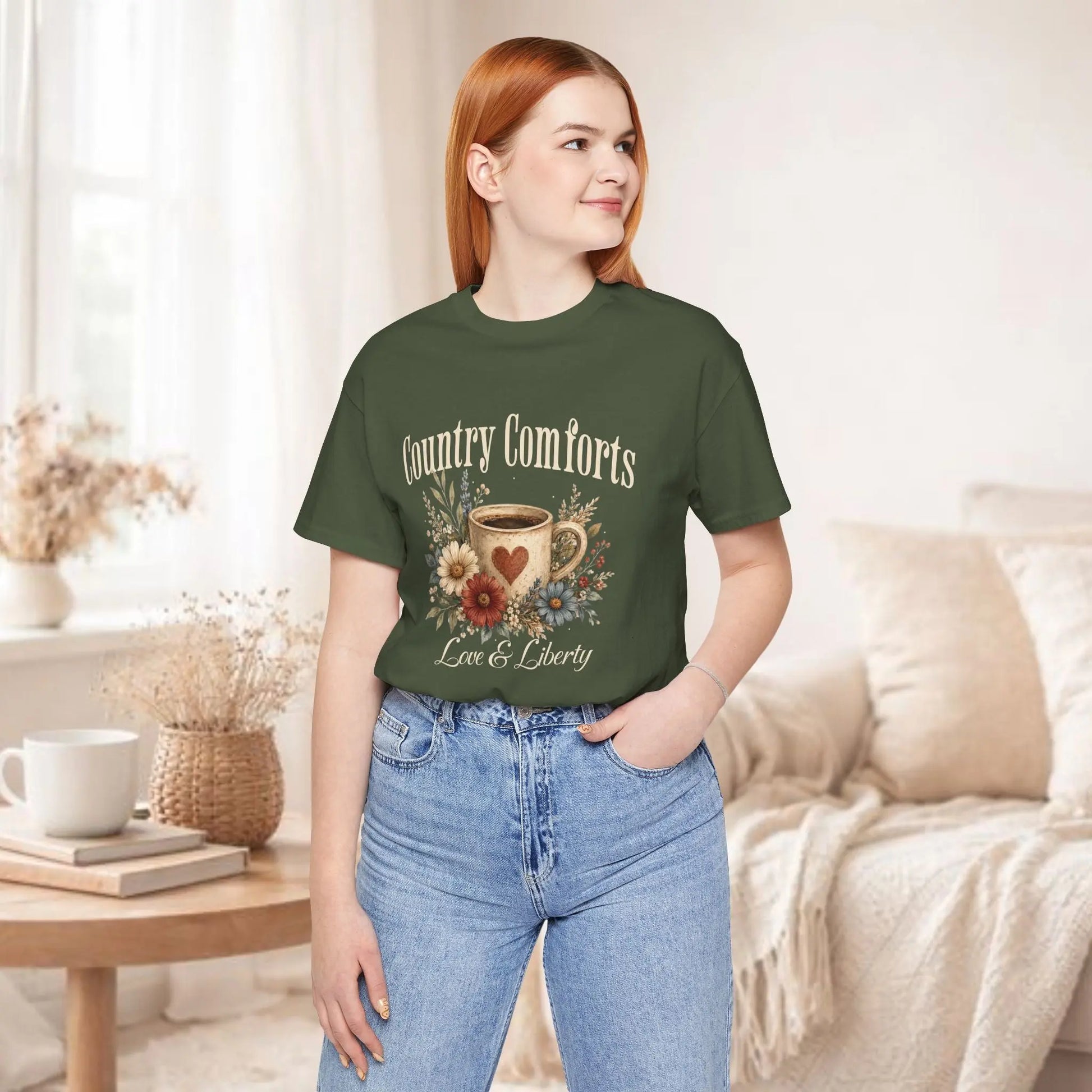 Country Comforts Tee – Love & Liberty Coffee Floral Graphic Shirt Printify