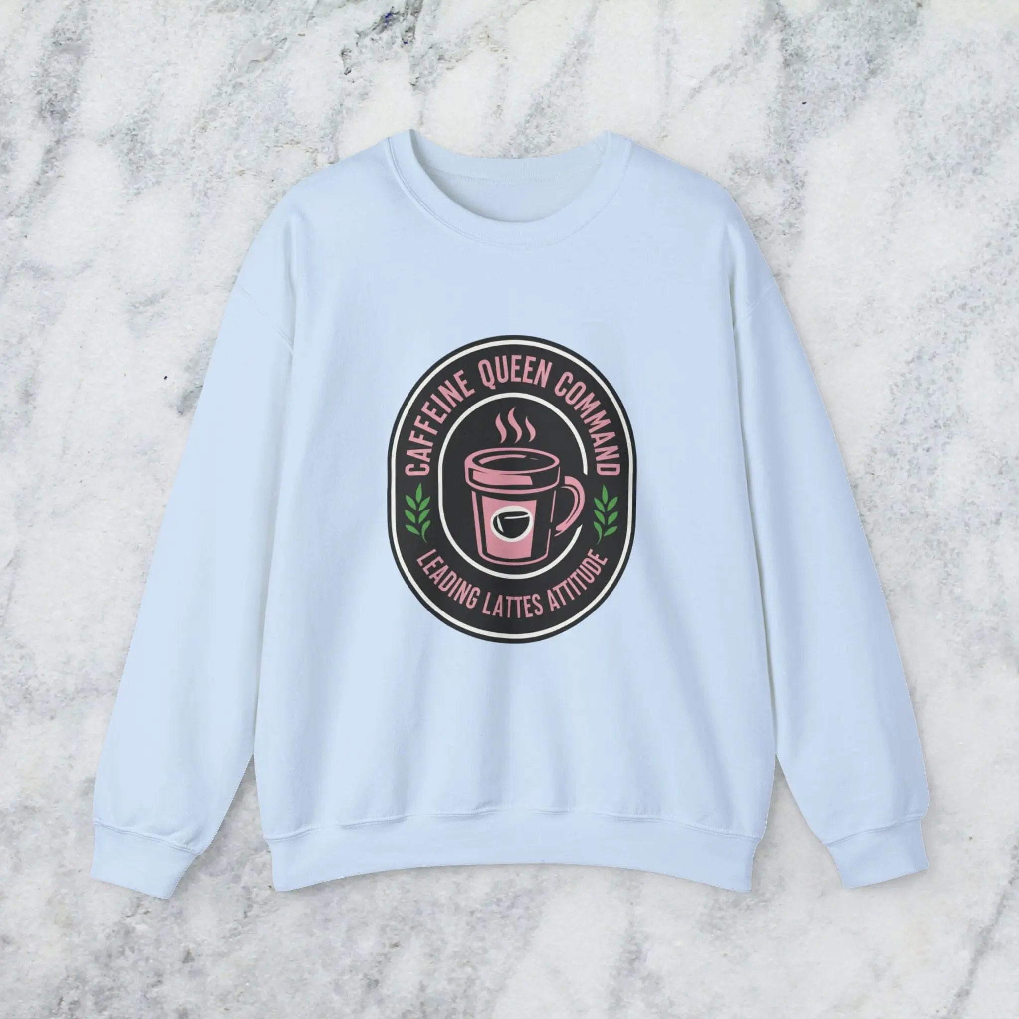 Coffee Crewneck Sweatshirt — "Caffeine Queen Command" Latte Lovers Pullover Printify