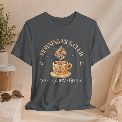Morning Mug Club Tee — "Wake Brew Repeat" Printify