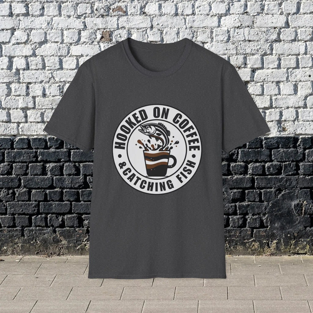Hooked on Coffee & Catching Fish T‑Shirt – Fishing & Coffee Lover Tee Printify
