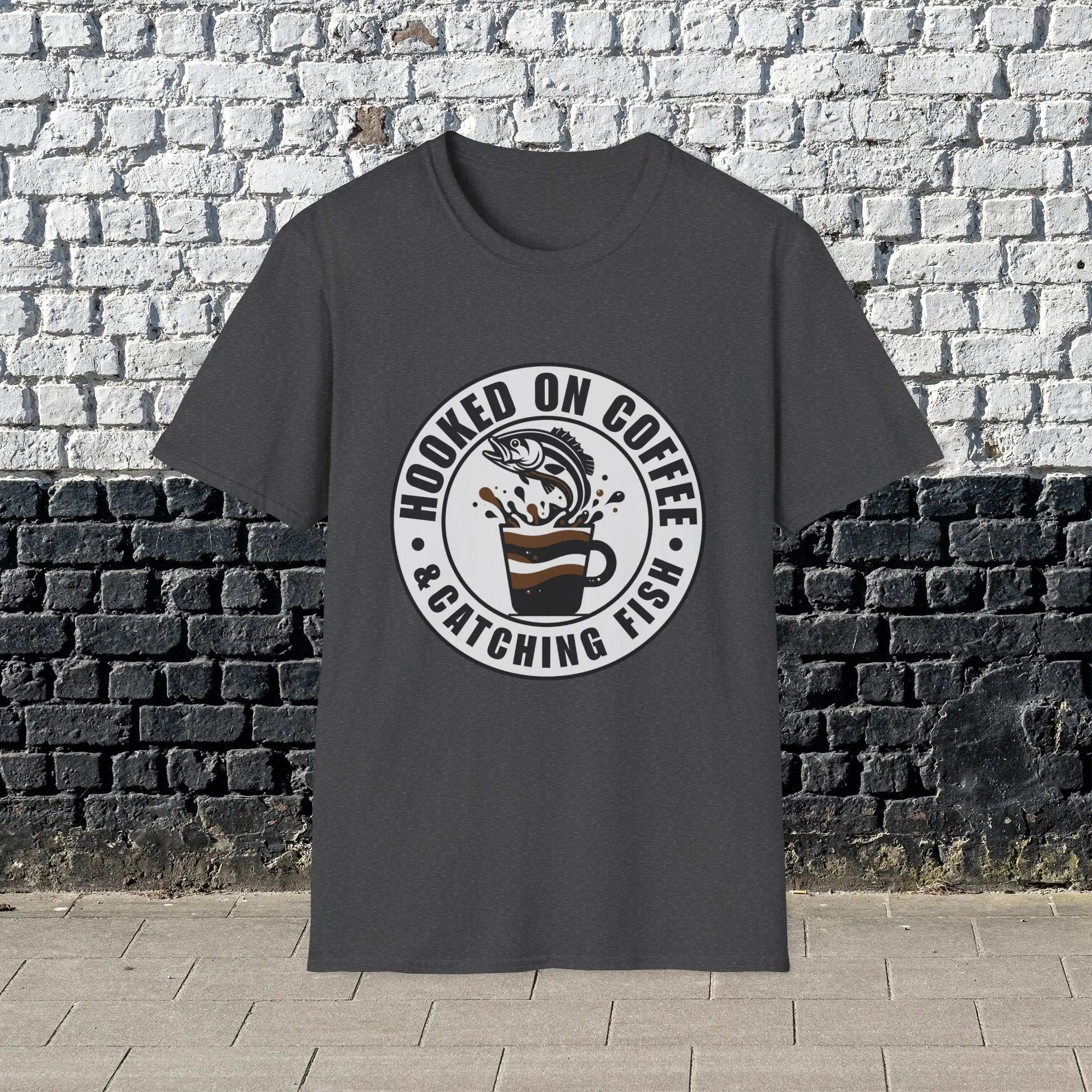 Hooked on Coffee & Catching Fish T‑Shirt – Fishing & Coffee Lover Tee Printify
