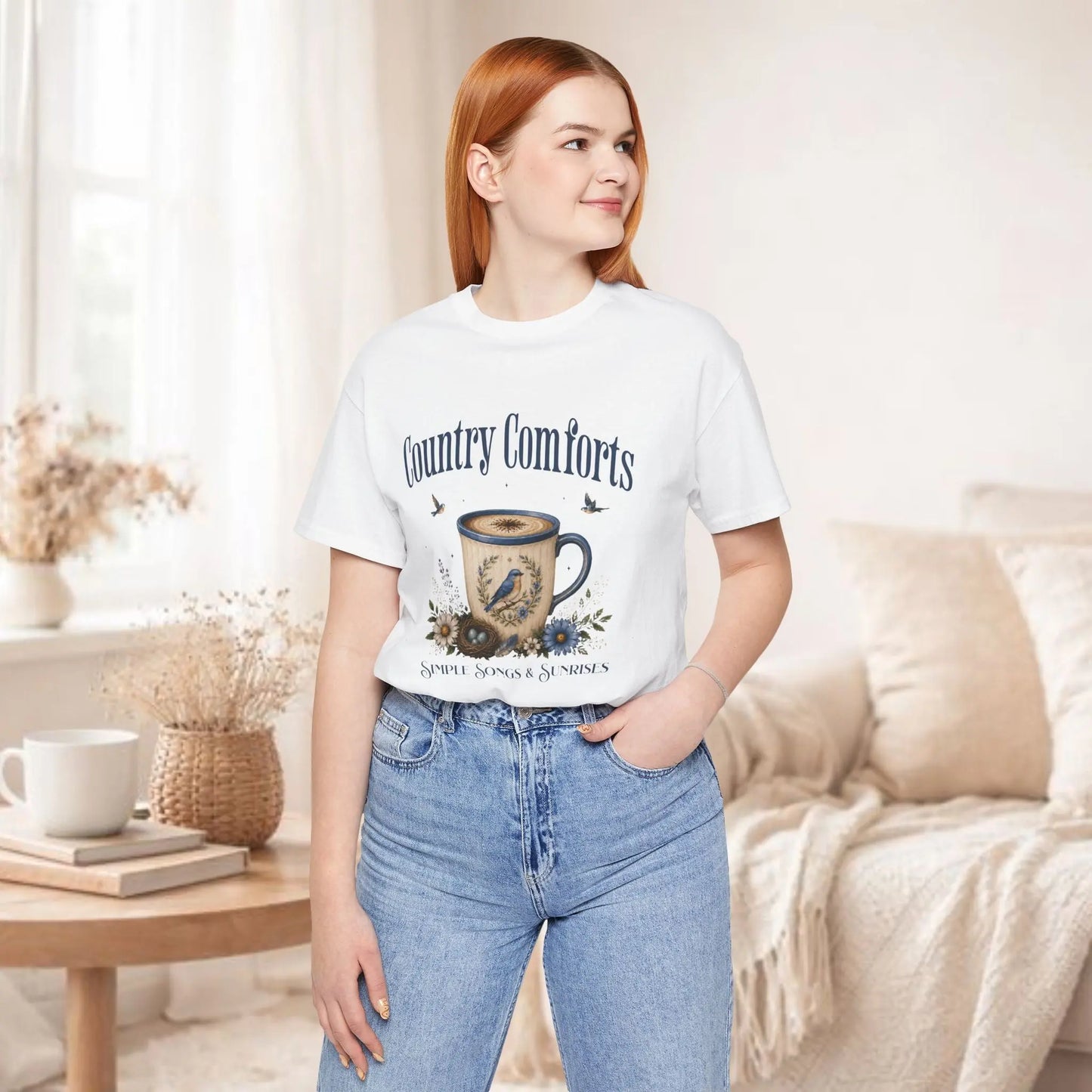 Country Comforts Tee — 'Simple Song & Sunrises' Coffee Mug Bird Floral Graphic T‑Shirt Printify