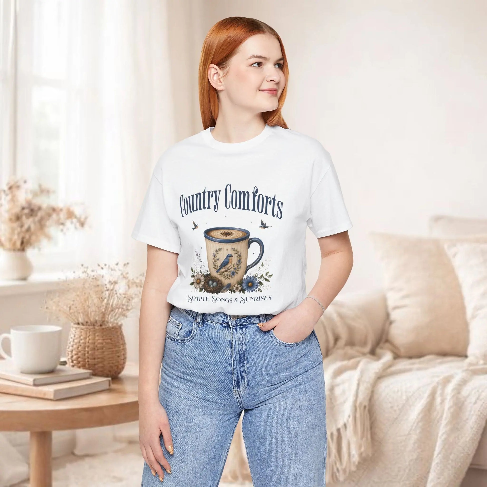 Country Comforts Tee — 'Simple Song & Sunrises' Coffee Mug Bird Floral Graphic T‑Shirt Printify