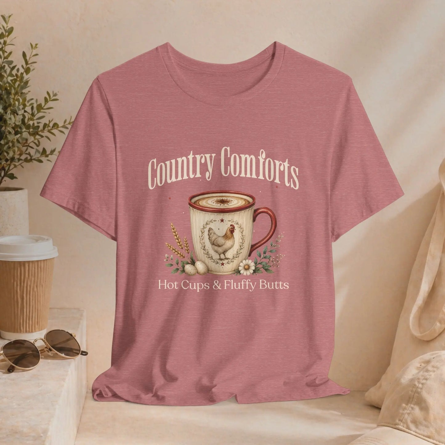 Country Comforts Tee – "Hot Cups & Fluffy Butts" Rustic Farmhouse Coffee Shirt Printify