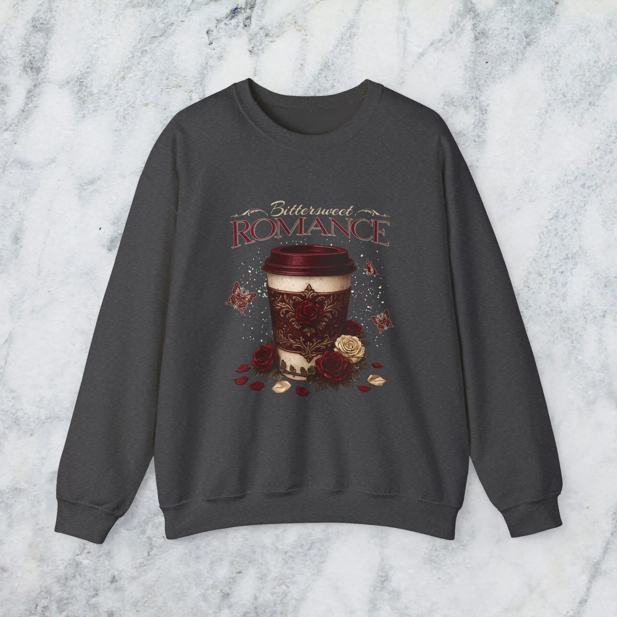 Bitterweet Romance Sweatshirt — Coffee & Roses Cozy Crewneck Printify