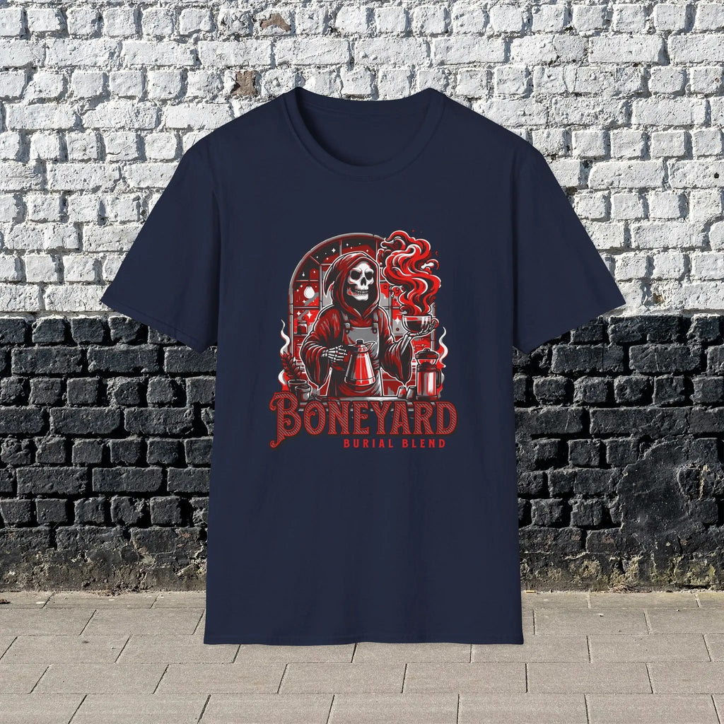 Boneyard Burial Blend T-Shirt – Gothic Coffee Lover Tee for Men, Grim Reaper Espresso Design, Dark Humor Caffeine Gift Shirt Printify