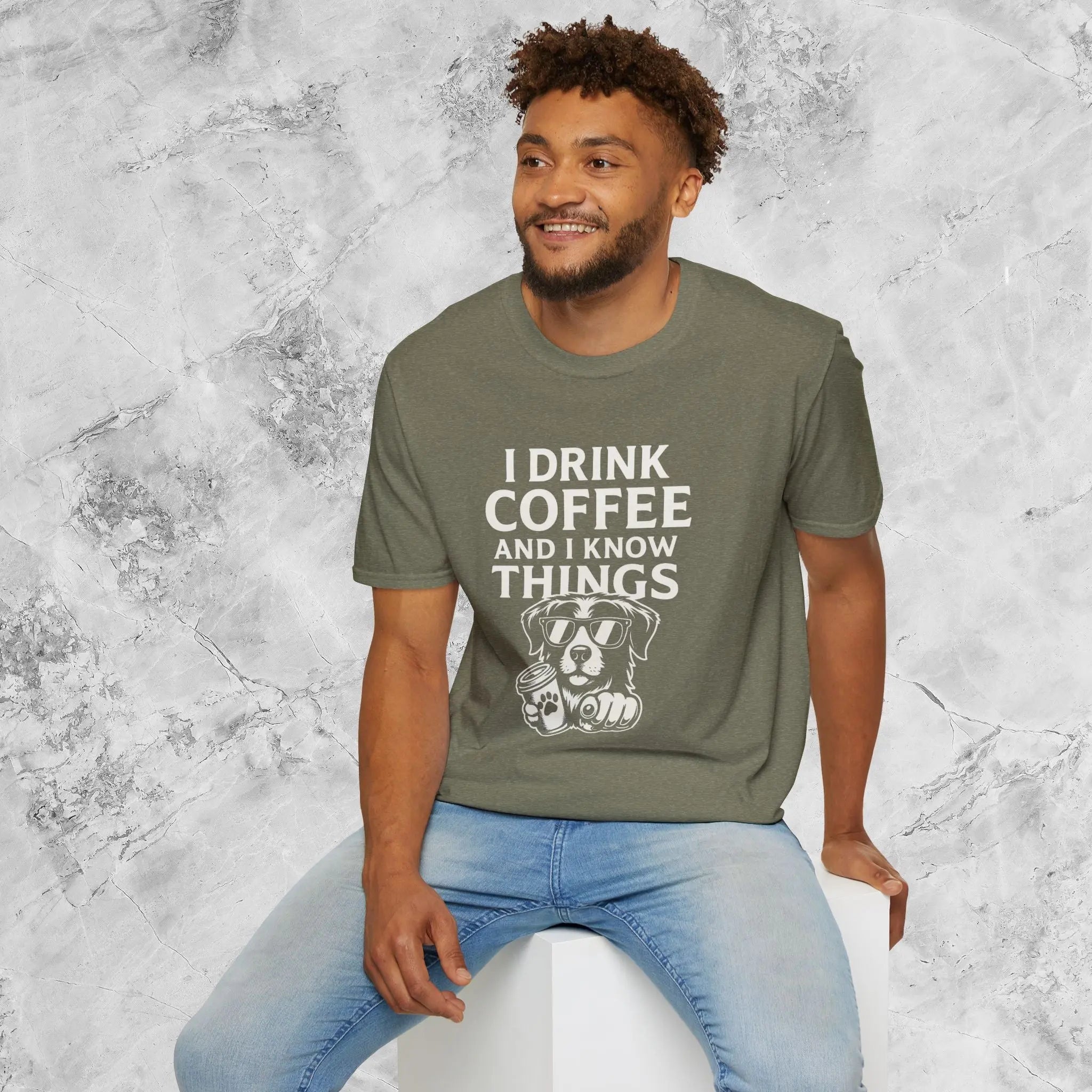 Coffee Loving Dog T-Shirt — "I Drink Coffee and I Know Things" Printify