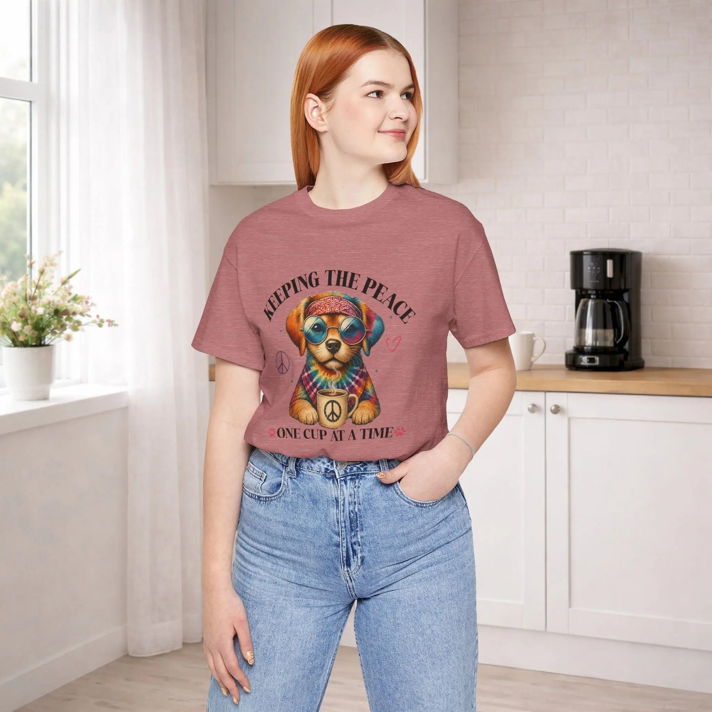 Keeping the Peace Puppy T‑Shirt — "One Cup at a Time" Coffee & Peace Dog Tee Printify