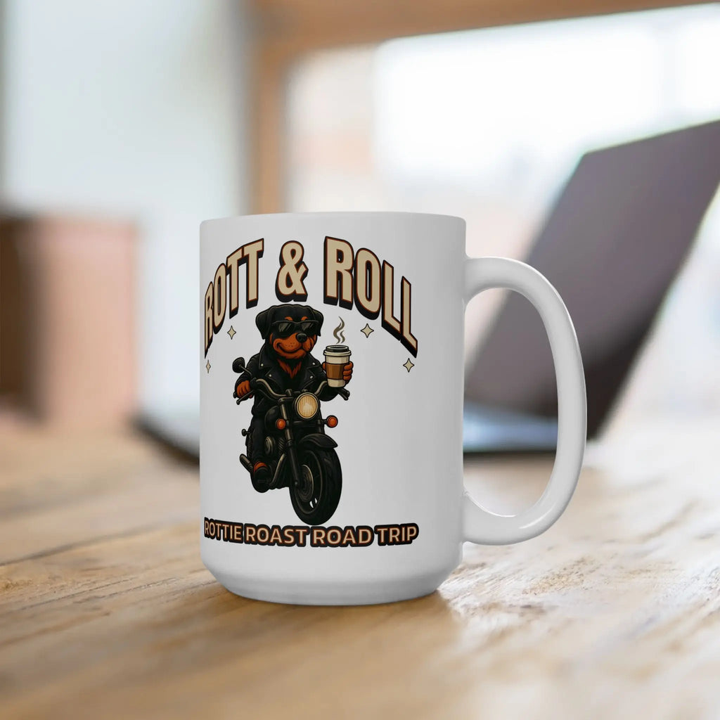 Rott & Roll Mug — Rotweiler on A Motorcycle Pet Lover Coffee Cup (15oz) Printify