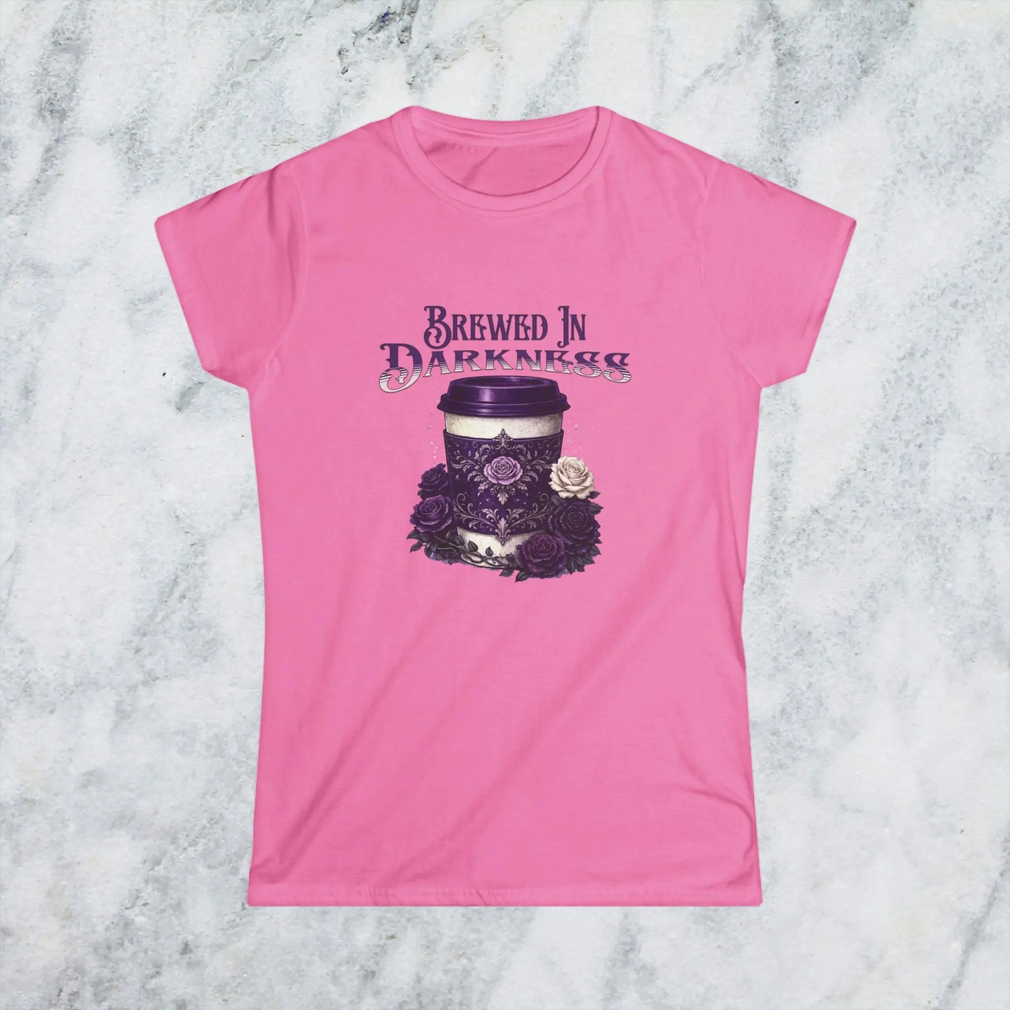 Brewed In Darkness Tee — Gothic Coffee Cup Floral Design Printify