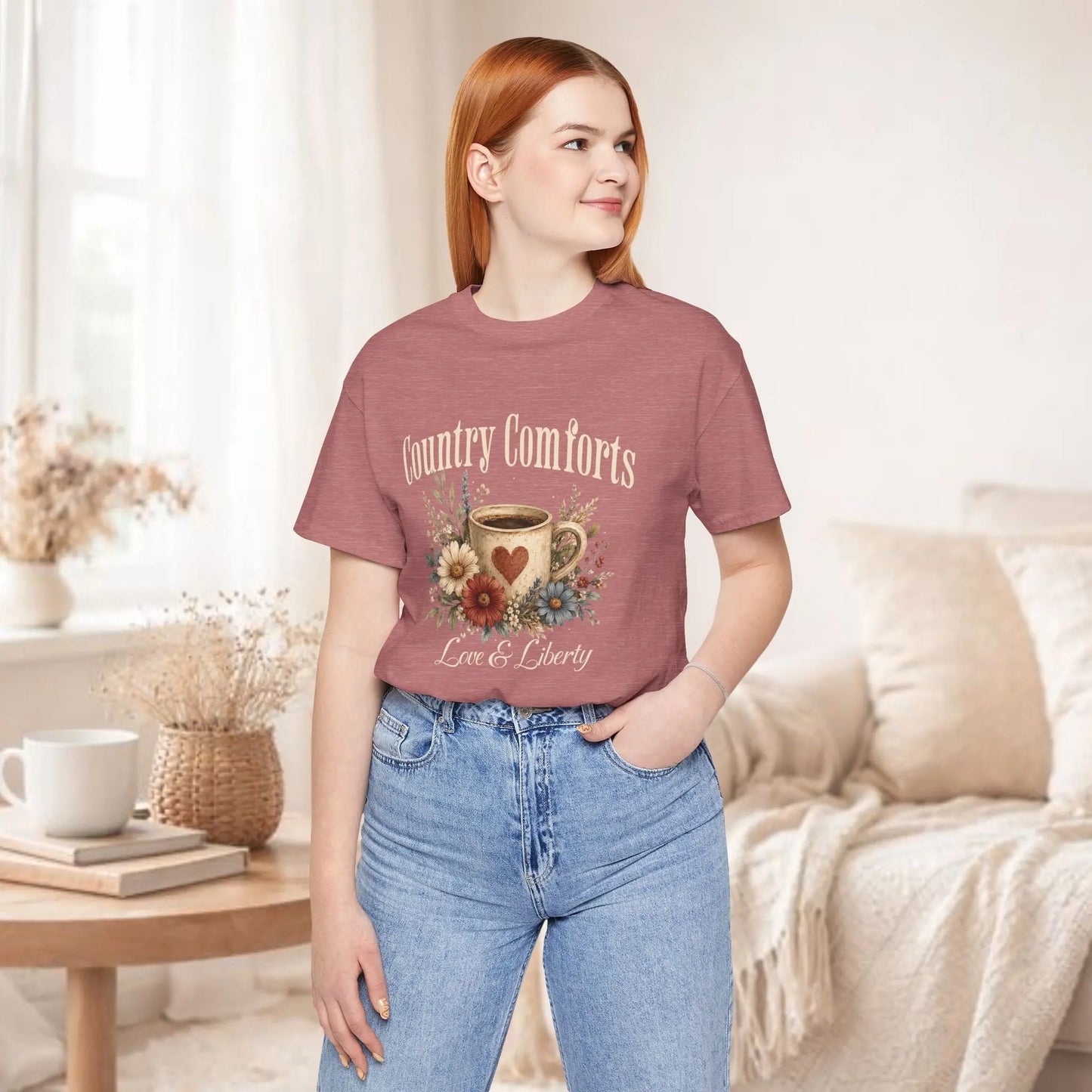 Country Comforts Tee – Love & Liberty Coffee Floral Graphic Shirt Printify
