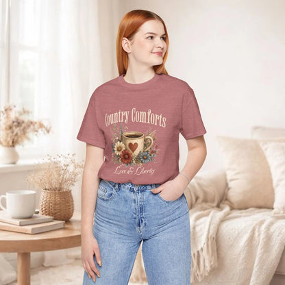Country Comforts Tee – Love & Liberty Coffee Floral Graphic Shirt Printify
