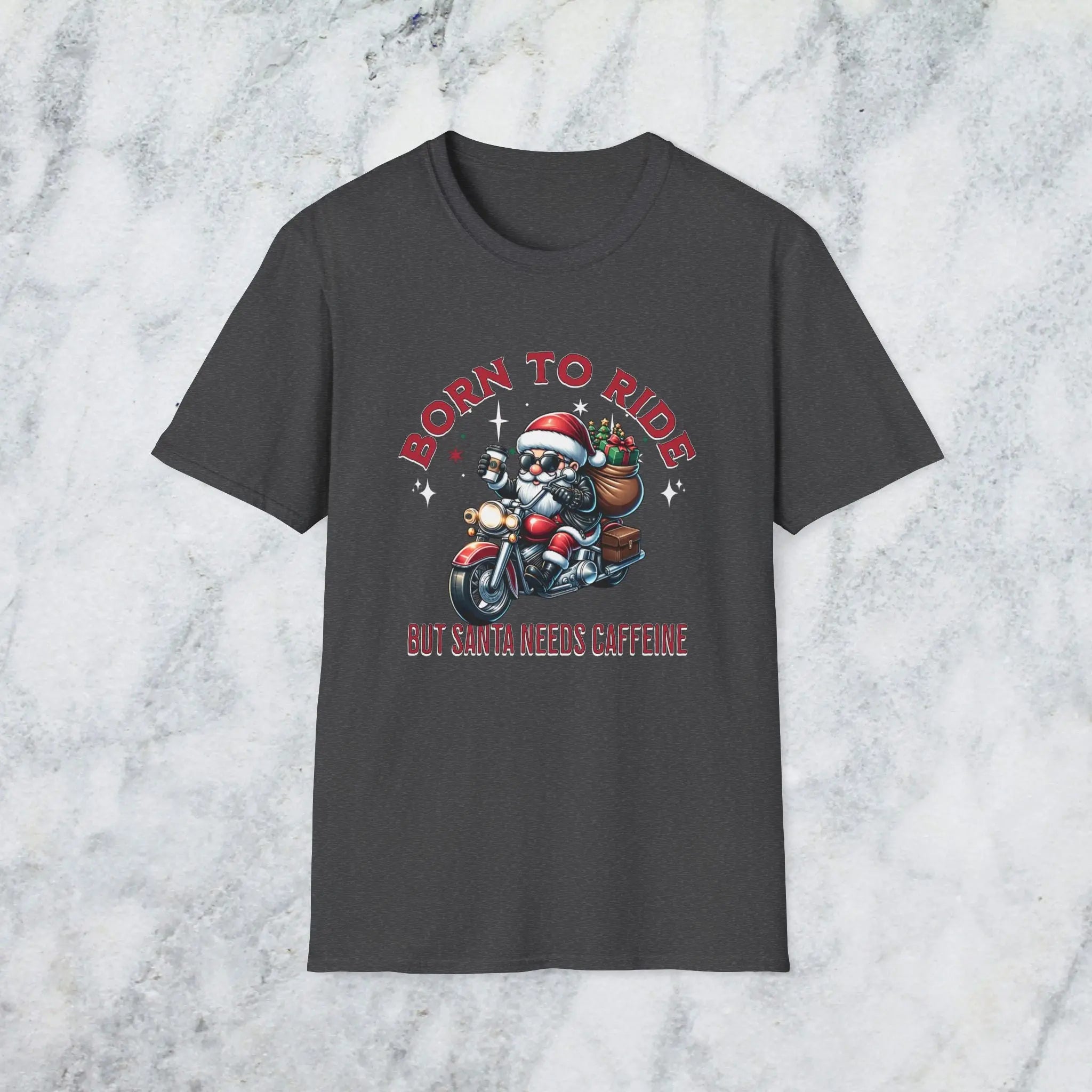 Santa Riding Motorcycle T-Shirt — "Born to Ride but Santa Needs Caffeine" Holiday Tee Printify