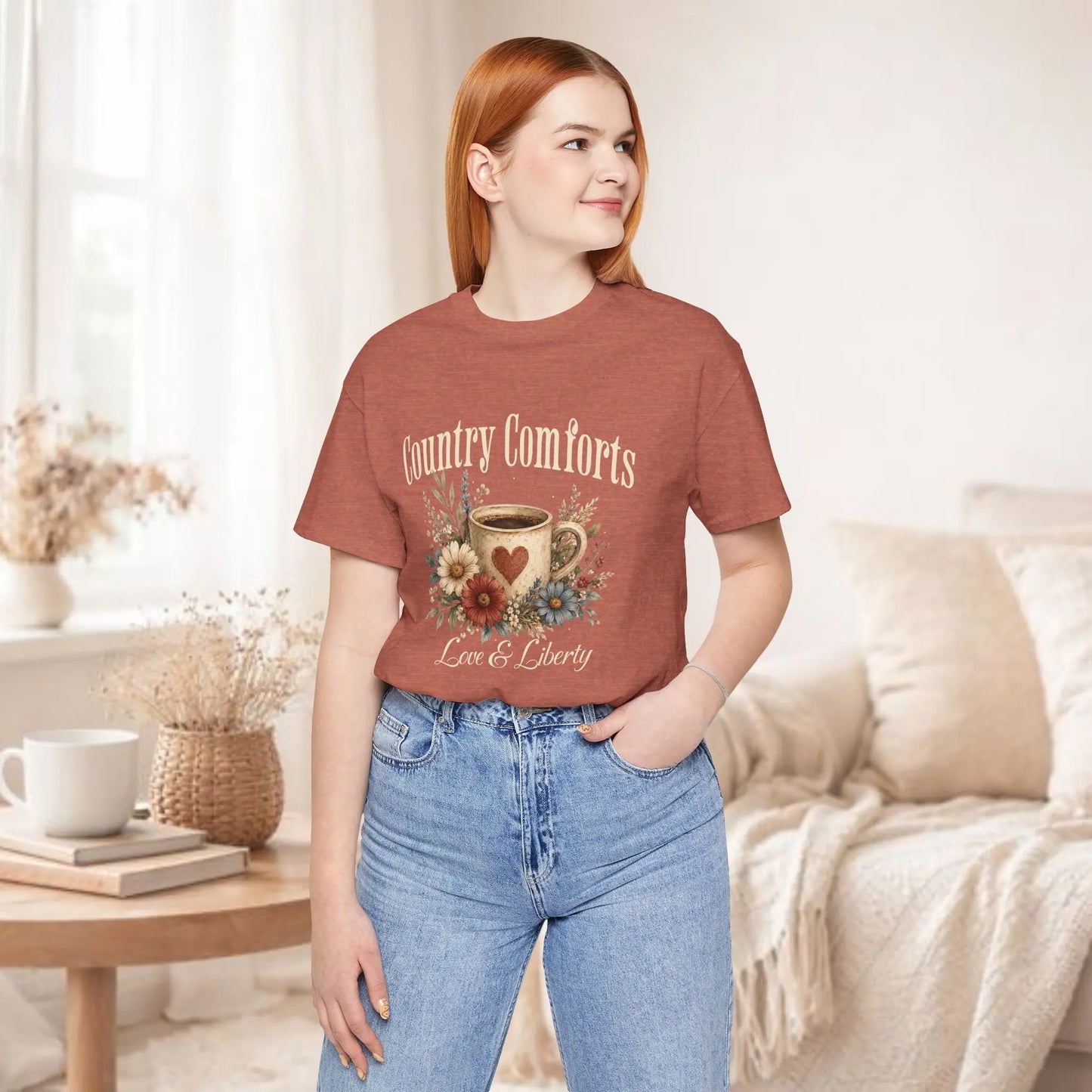 Country Comforts Tee – Love & Liberty Coffee Floral Graphic Shirt Printify