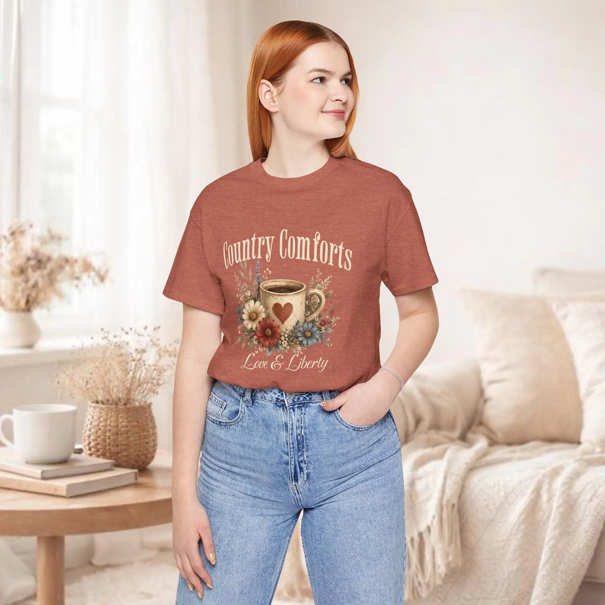 Country Comforts Tee – Love & Liberty Coffee Floral Graphic Shirt Printify