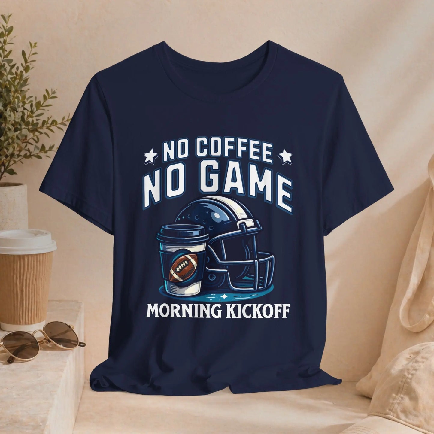 No Coffee No Game Football Tee — "Morning Kickoff" Helmet Graphic Shirt Printify